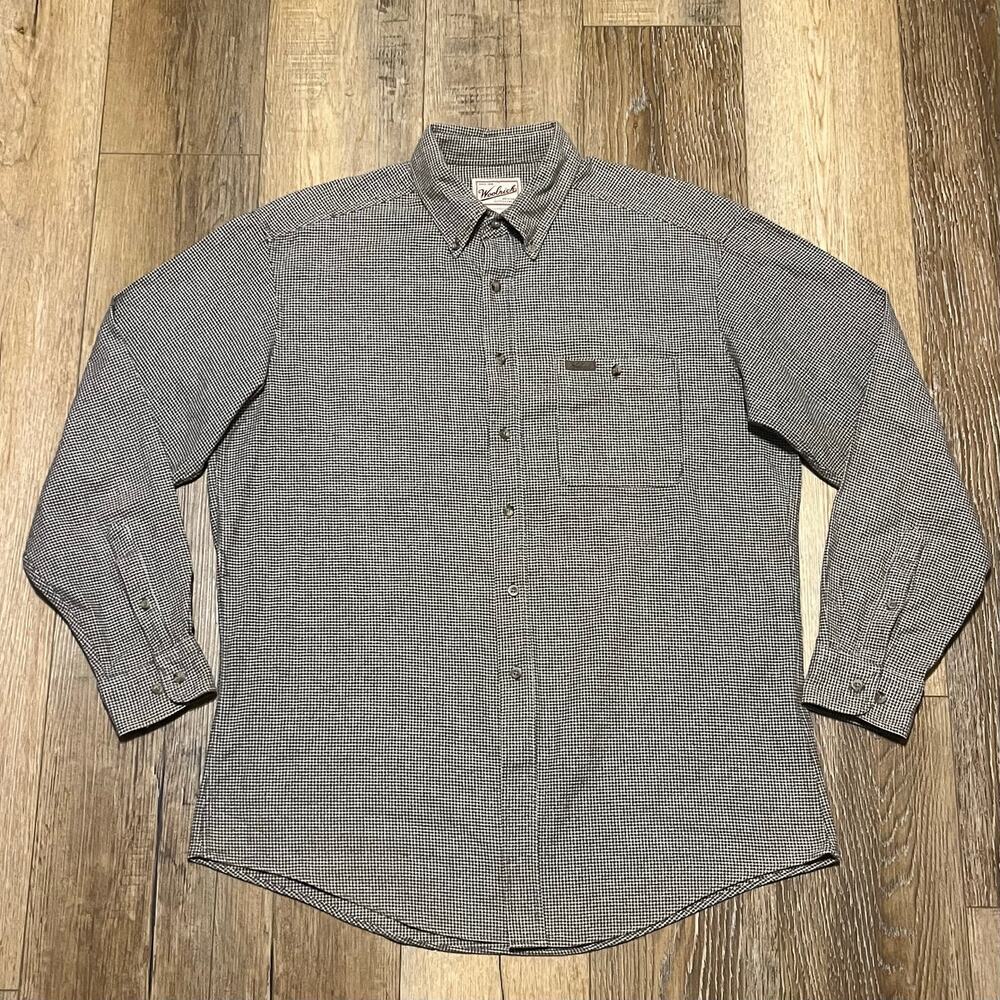 VTG Woolrich Houndstooth Long Sleeve Button Down Shirt L Gray Work Pocket Cotton
